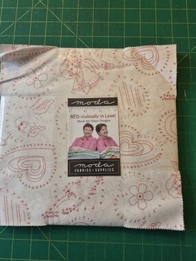 Moda Red Printed Hearts and Motifs on Cream Fabric. RED-iculously In Love